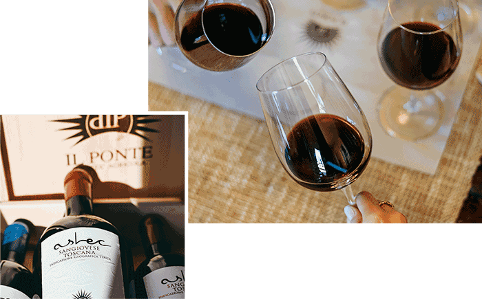 un particolare di una cassetta regalo con delle bottiglie di Aslec San Giovese Toscana di Agricola il Ponte,